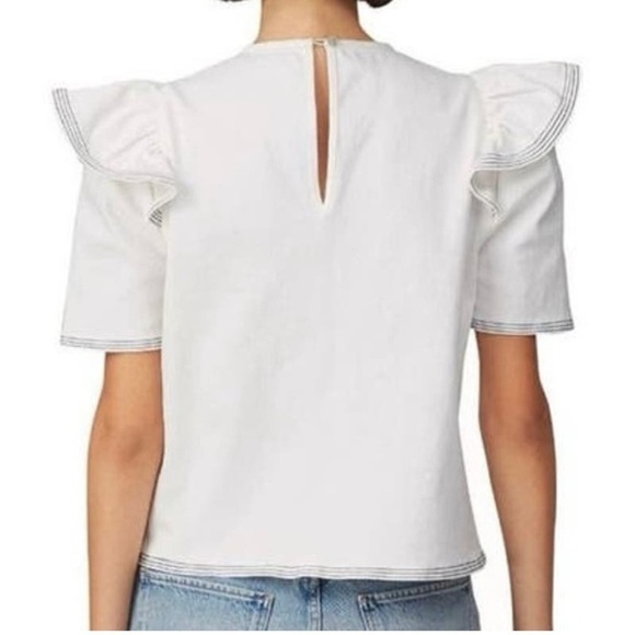 Saylor Harriette Denim Ruffle Top Shirt Short Sleeves Womens Medium White - Picture 2 of 8